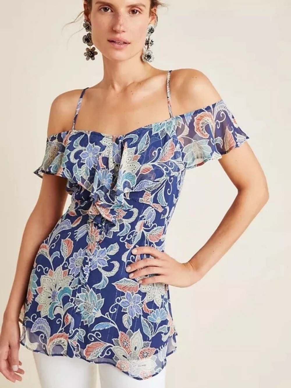 Anthropologie Maeve Mariposa Open Shoulder Ruffled Top Size 6